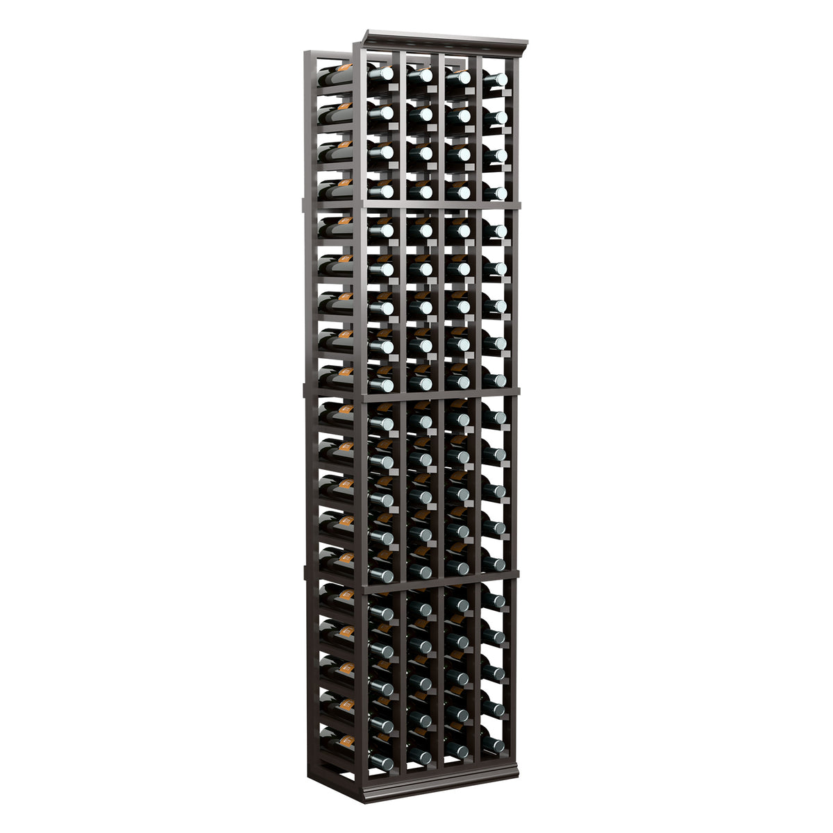 Tall black 4-column wine rack with open bottle slots and metal bottle tops visible