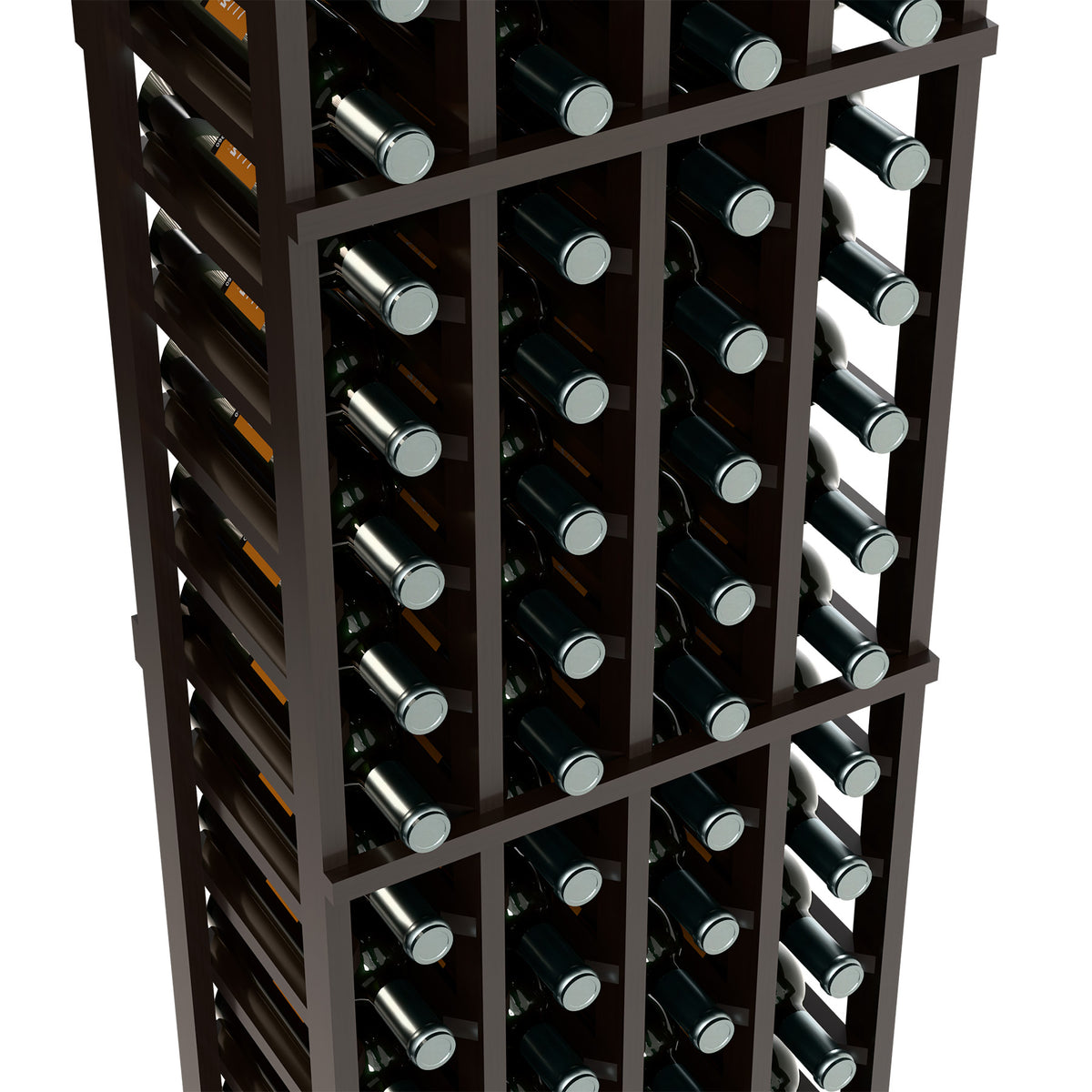 Close-up of black wine rack interior with multiple bottle rows and brackets