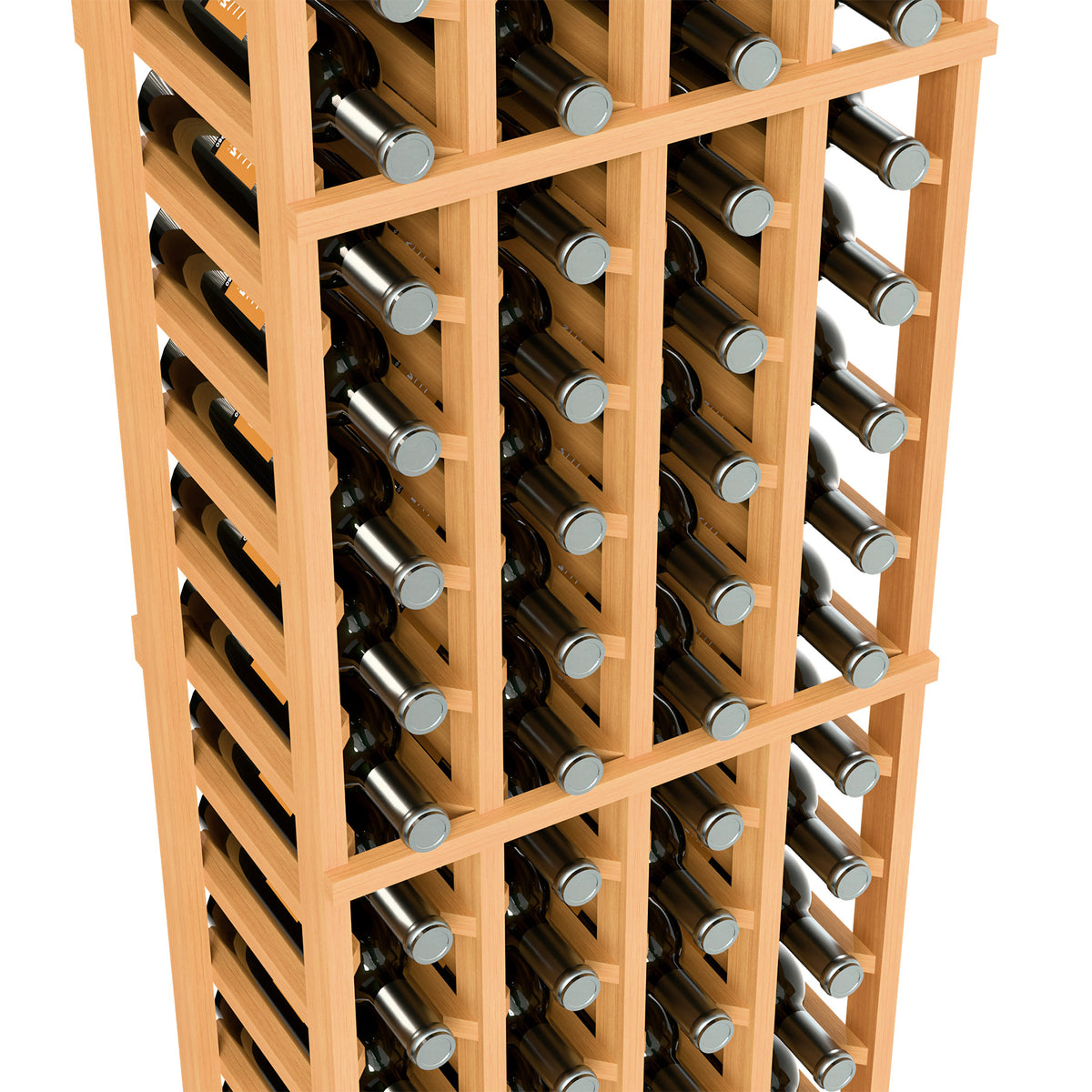 Angled close-up of 4-column wine rack with bottles in wooden bottle cubbies