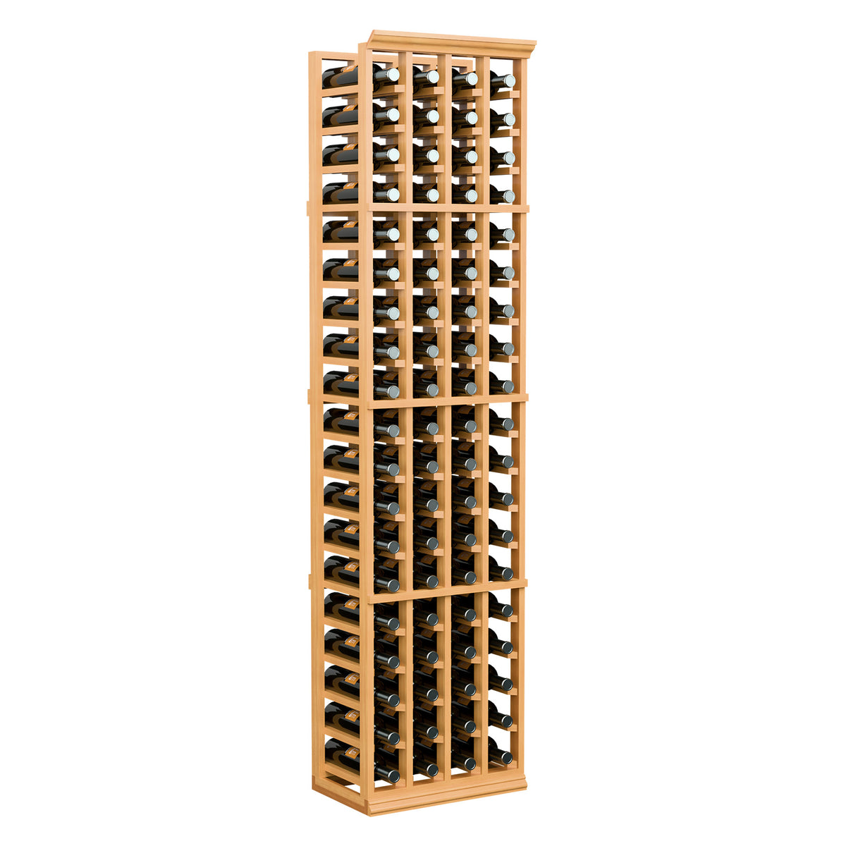 4-column 6FT wine bottle rack with wooden frame holding bottles in four rows
