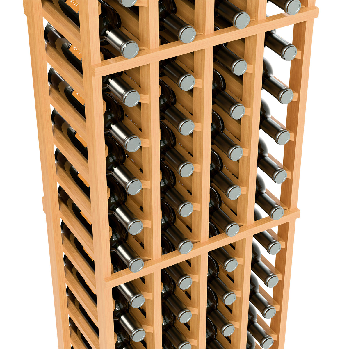 Close-up of 4-column wine rack showing bottle slots and wood lattice dividers
