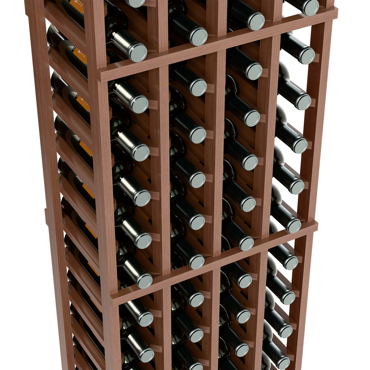 Close-up of four-column wood wine rack with bottles and metal bottle caps