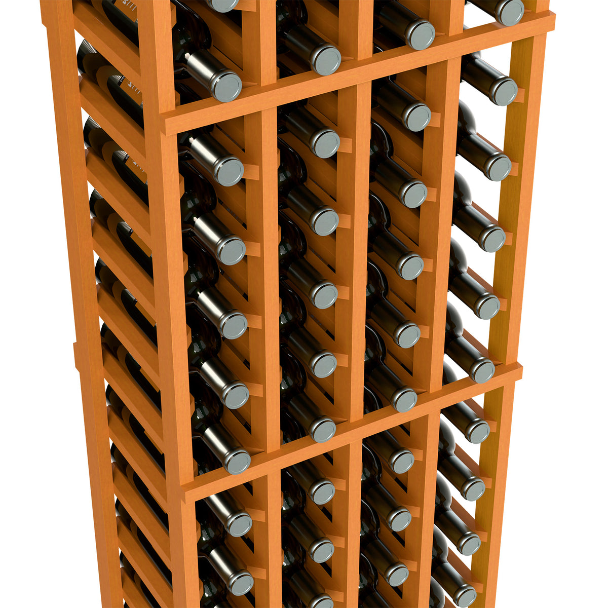 Angle view of four-column wine rack with upright bottles in wooden dividers