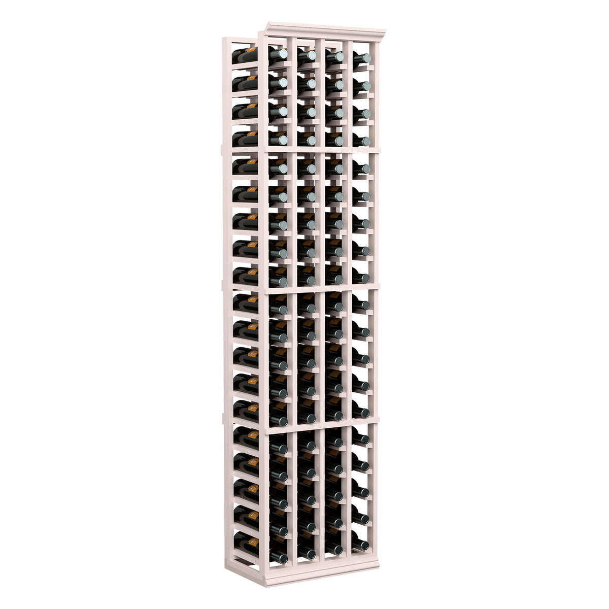 White wine bottle rack with four columns, holding upright bottles in rows