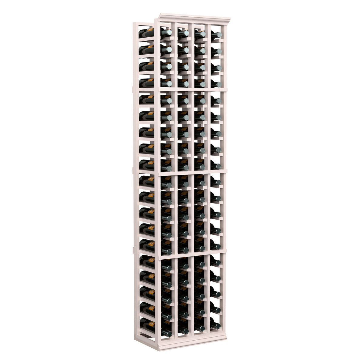 Tall white wood wine bottle rack with four columns for upright bottle storage