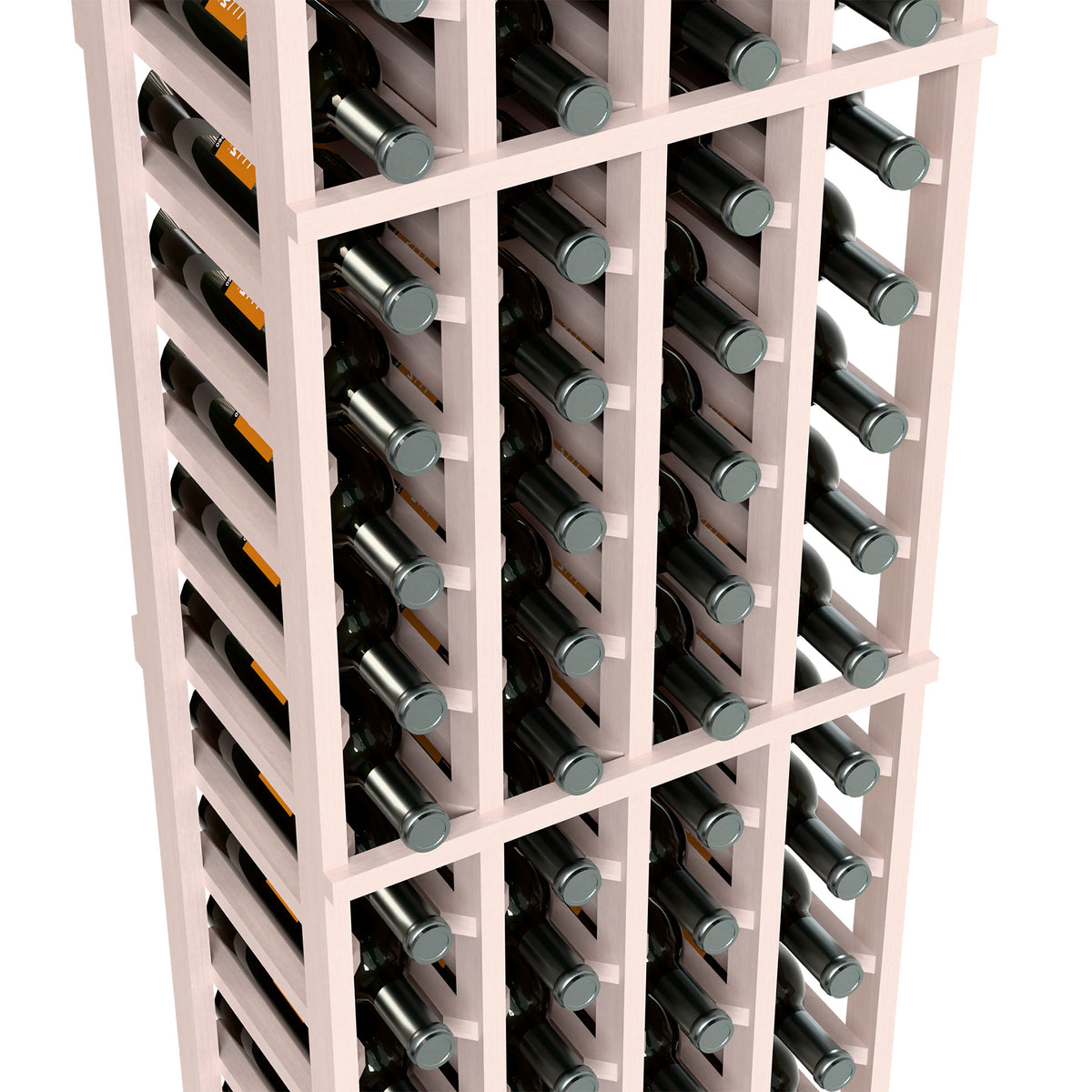 Close-up of white four-column wine rack with bottles in wooden grid slots