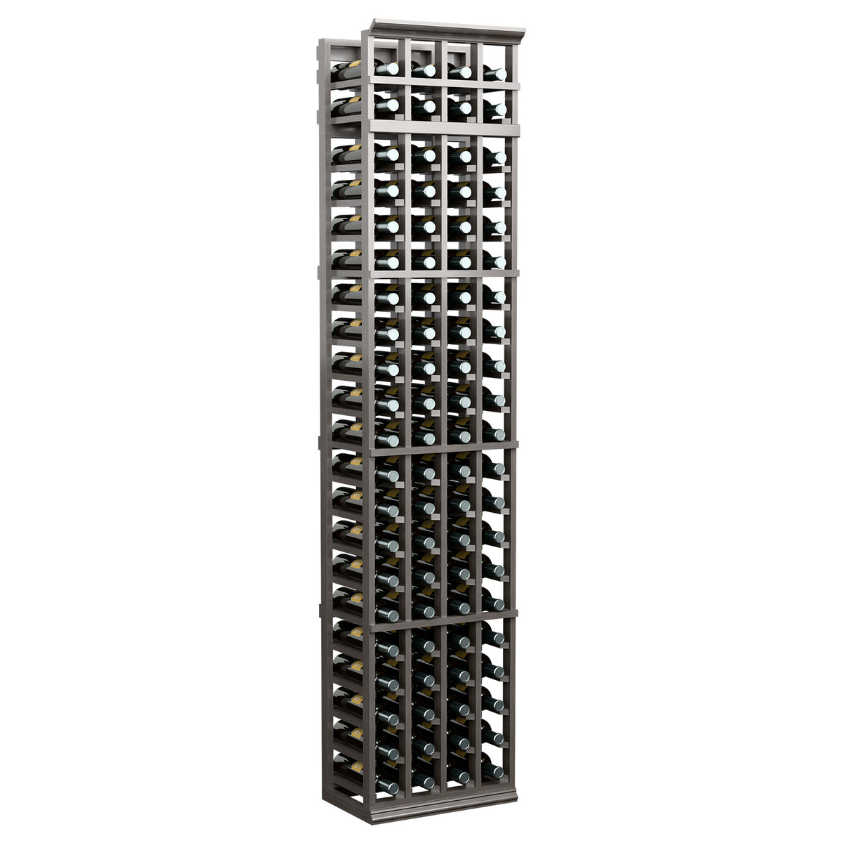Tilled wine bottle rack with black frame, 4 columns, front-loading bottle holders