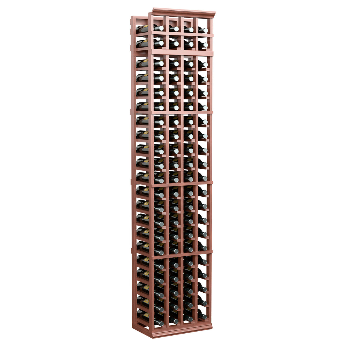 Tilled wine bottle rack with red-brown wood frame, 4 columns, front bottle holders
