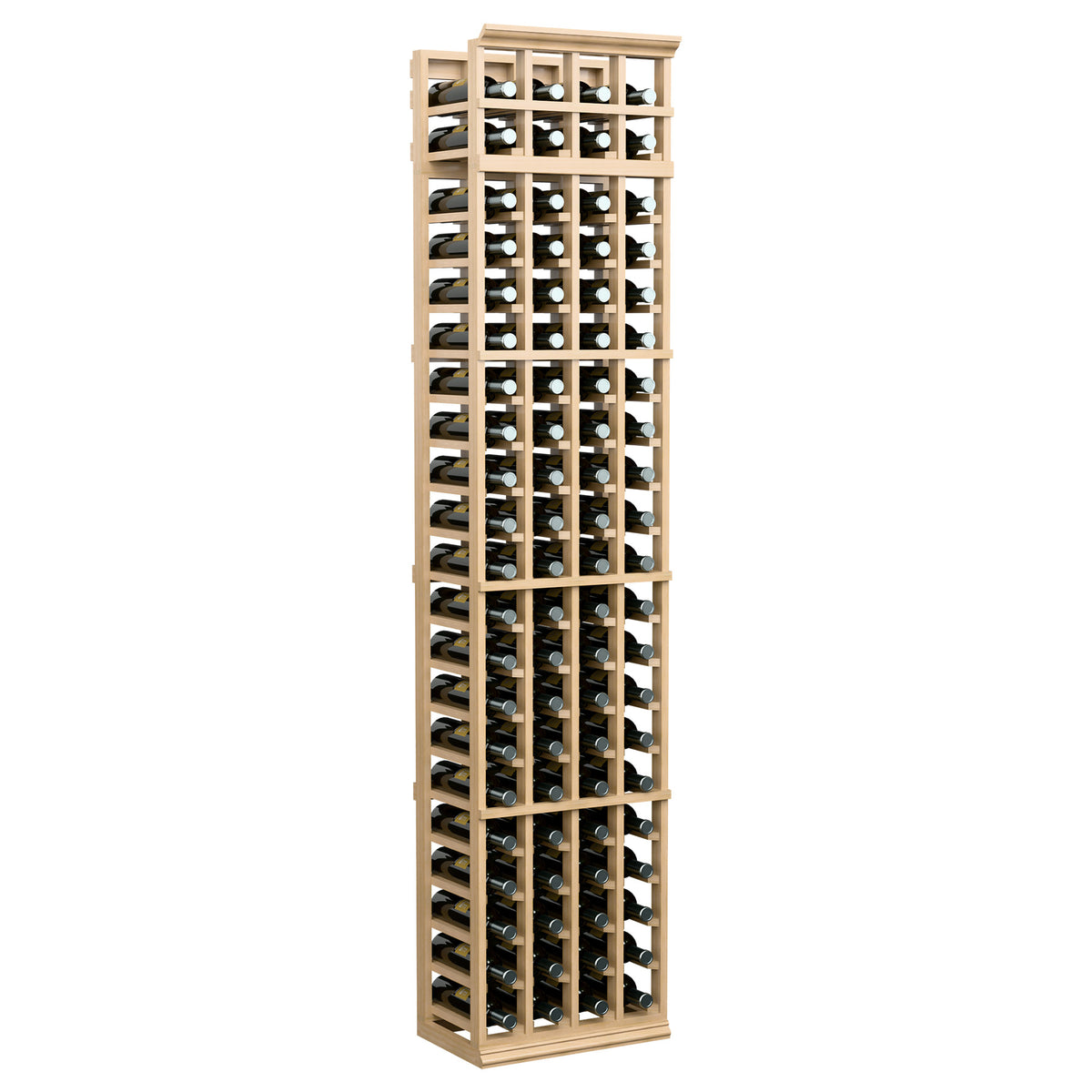 Tall 4-column wine bottle rack with light wood frame and stacked bottle holders