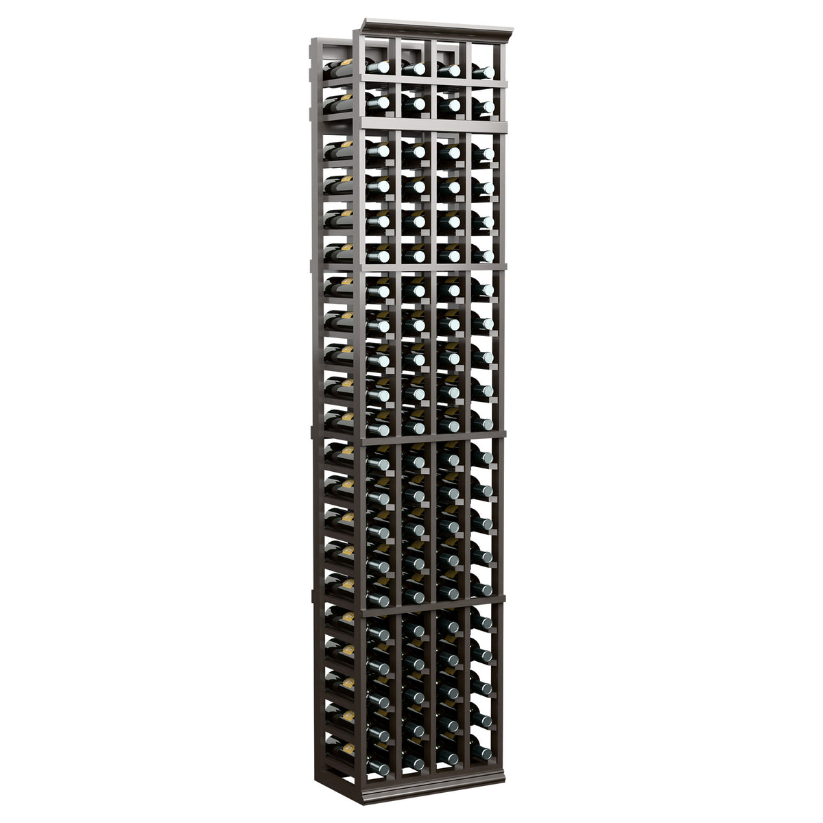 Tall 4-column wine bottle rack with dark frame and front bottle holders