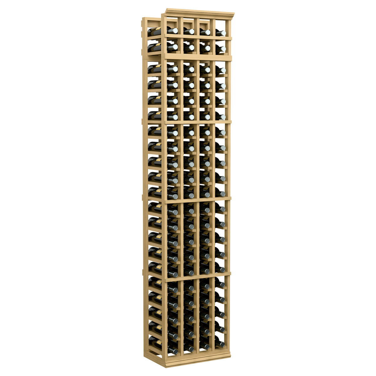 7ft 4-column wine bottle rack with natural light wood frame and staggered bottle holders