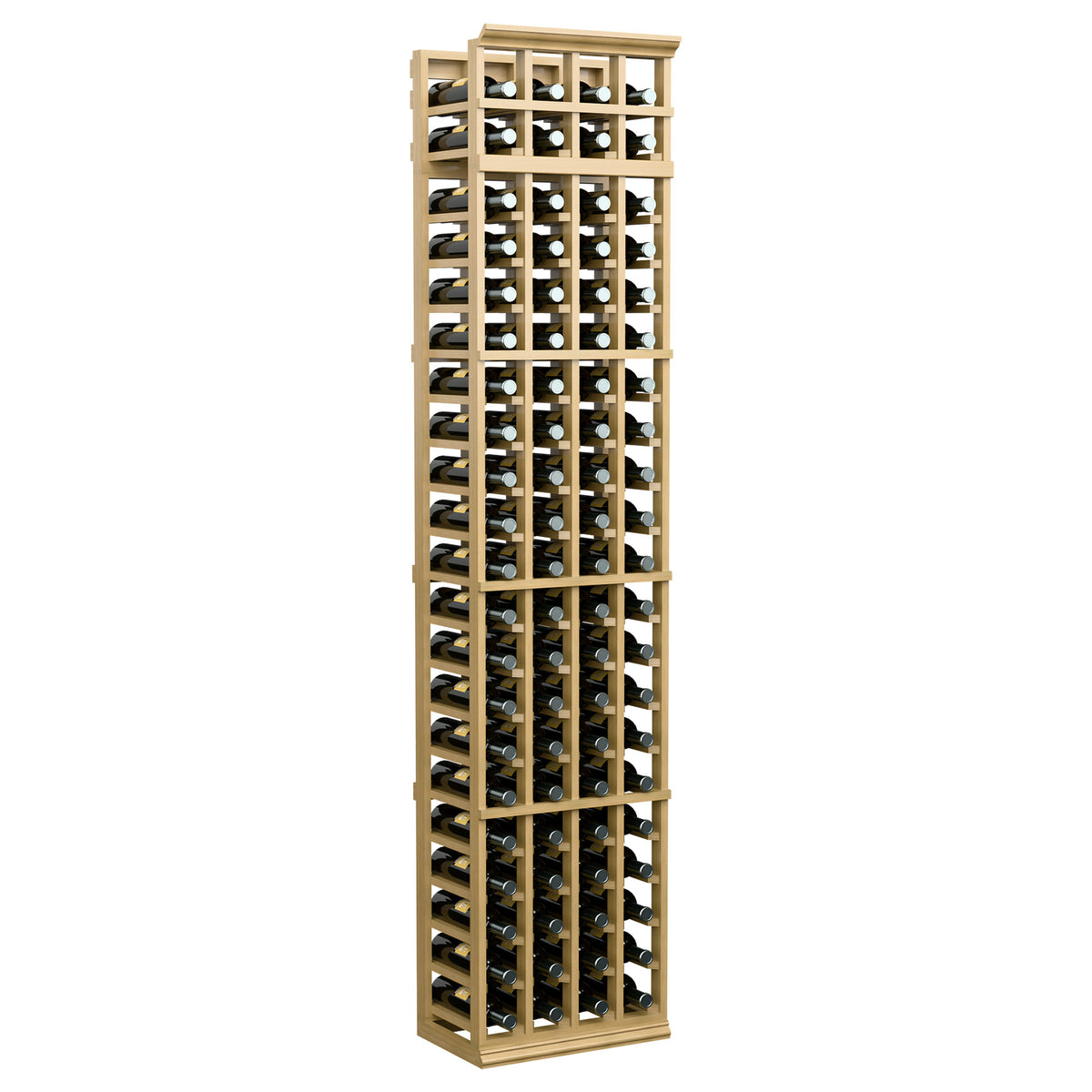 4-column 7ft wine bottle rack with warm light wood frame and bottle storage slots