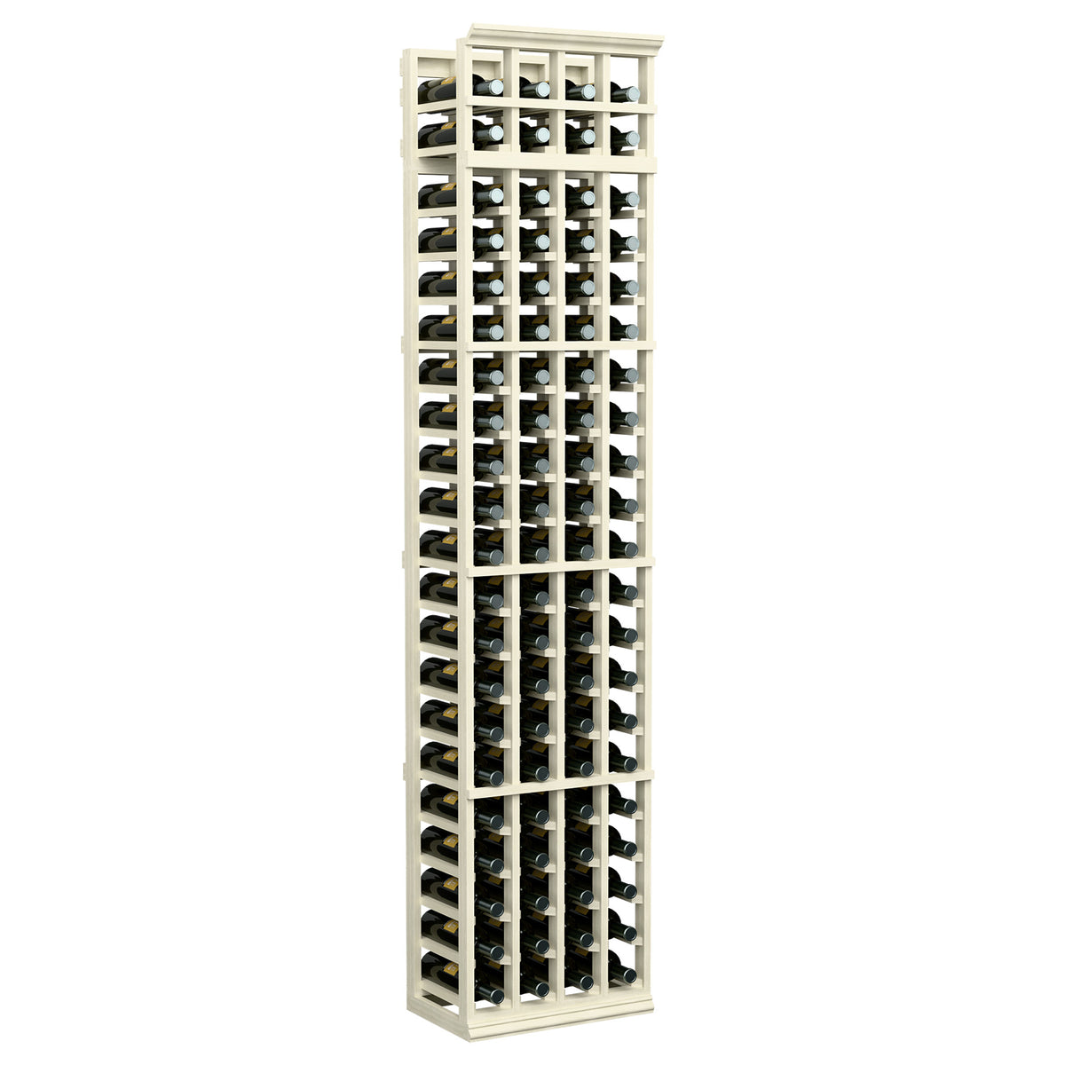 4-column 7ft wine bottle rack with light gray wood frame and bottle storage slots
