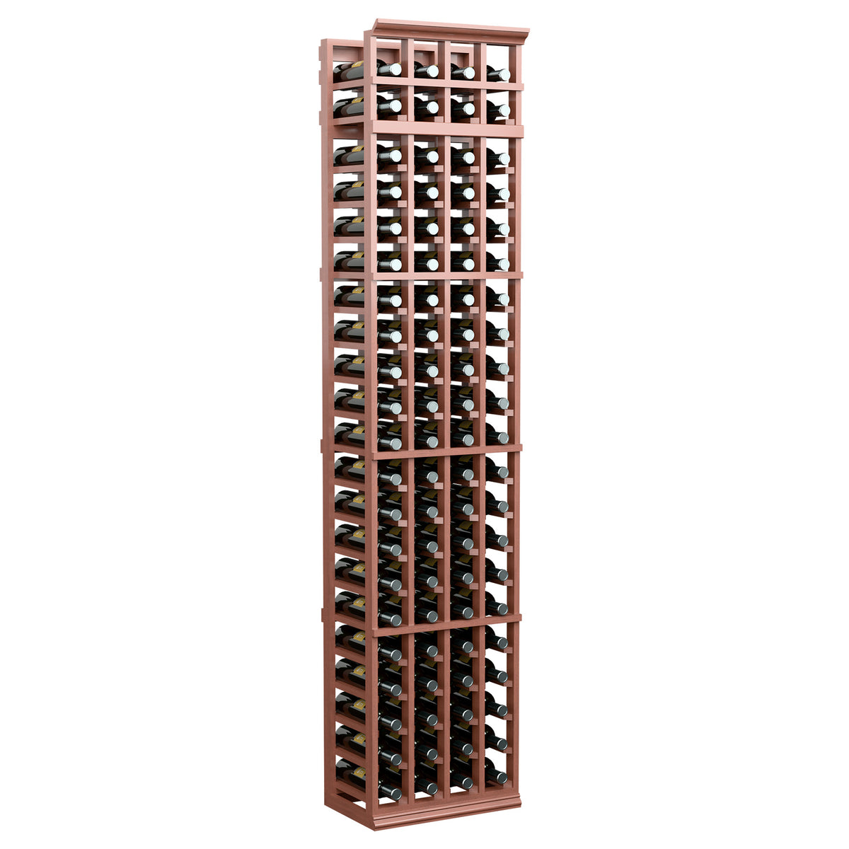 7-ft tall 4-column wine rack with red-brown wood frame and bottle storage slots