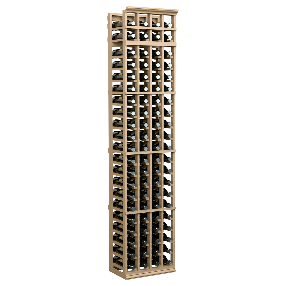 7-ft tall 4-column wine rack with light wood frame and open bottle holders