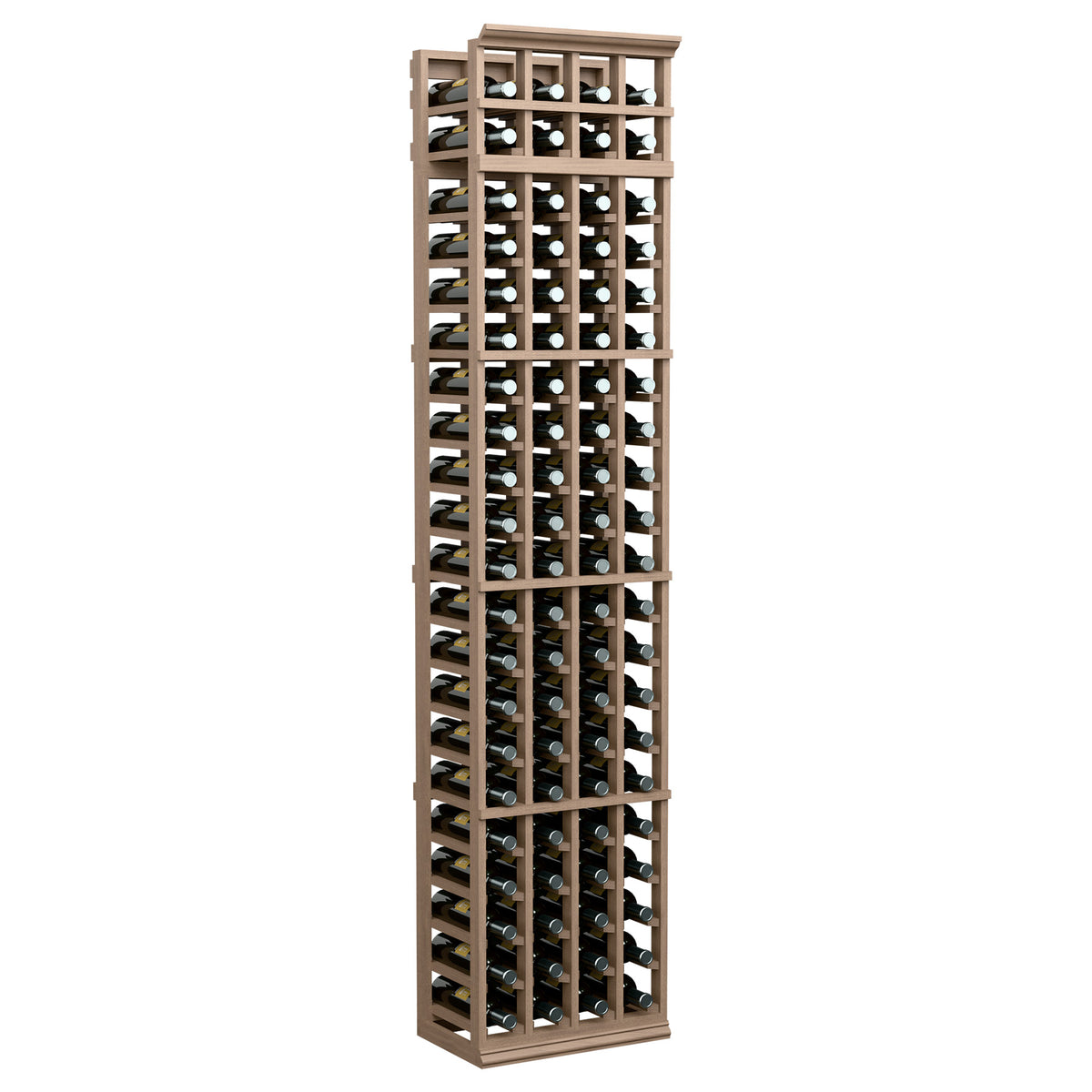 7-ft tall 4-column wine rack with light wood finish and open bottle storage