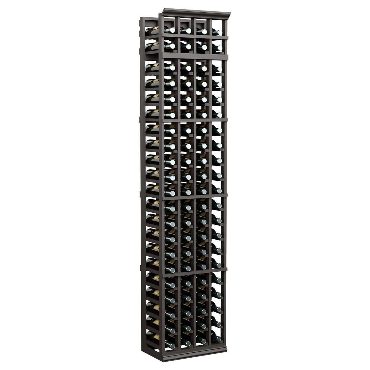 7-ft tall 4-column wine rack with dark frame and open bottle holders