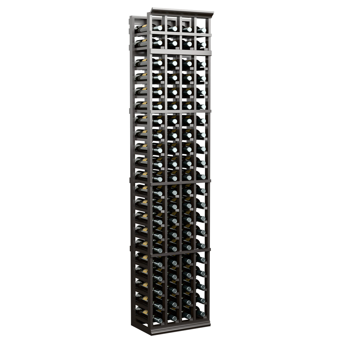 7-ft tall 4-column wine rack with black frame and stacked bottle storage