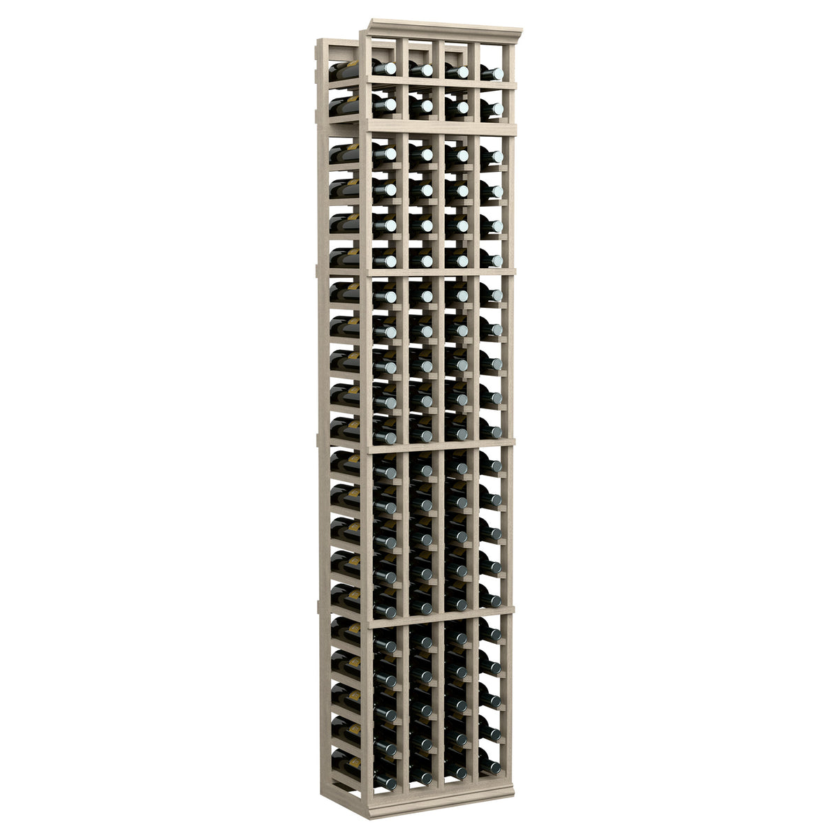 7 ft four-column wine rack, light gray wood, bottle slots in four rows
