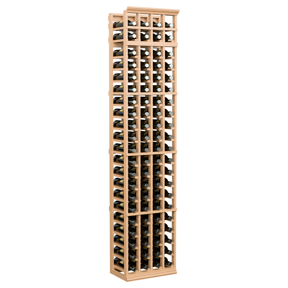 7 ft four-column wine rack, warm light wood, bottle slots in four rows