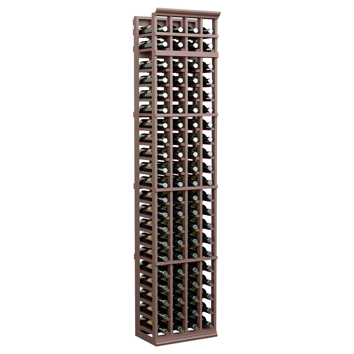 7 ft four-column wine rack, dark wood finish, bottle slots in four rows