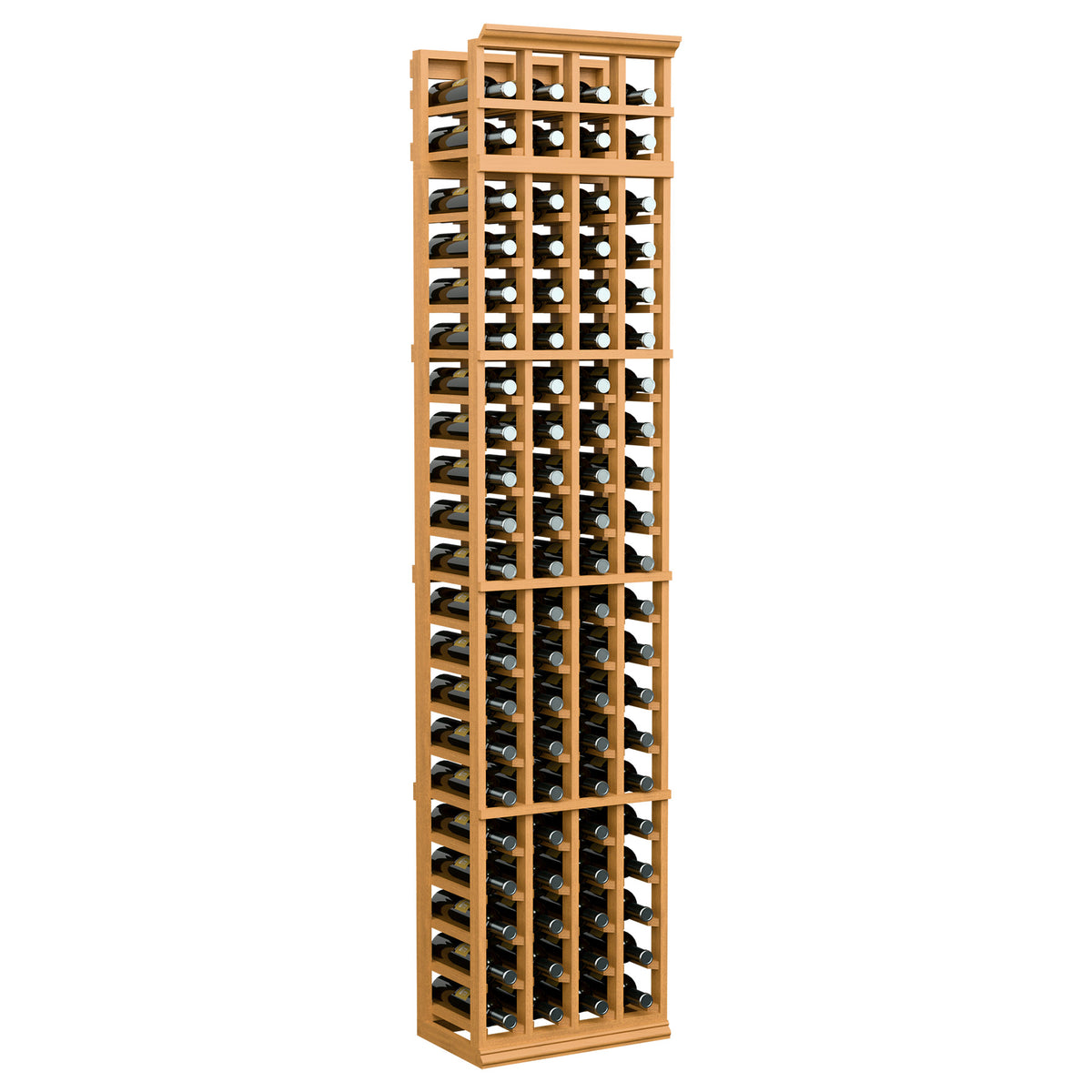 7 ft four-column wine rack, honey wood finish, bottle slots in four rows