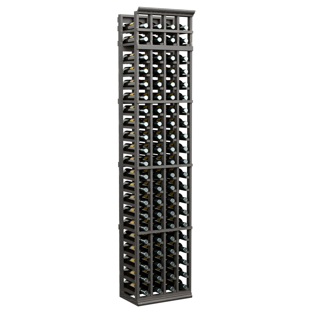 Tall 4-column wine rack with dark frame and front-facing bottle slots, full rows
