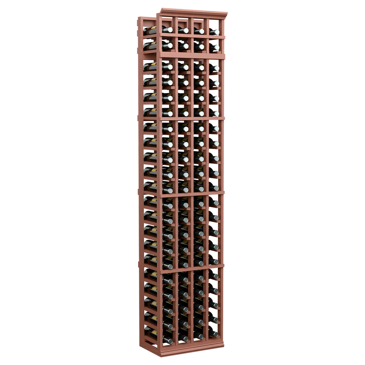 Tall 4-column wine rack with reddish-brown wooden frame and bottle slots