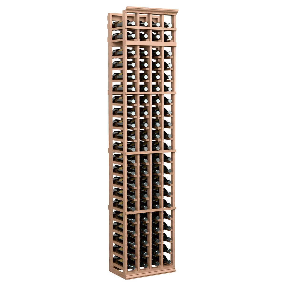 Tall 4-column wine rack with light brown wooden frame and front-facing bottle slots