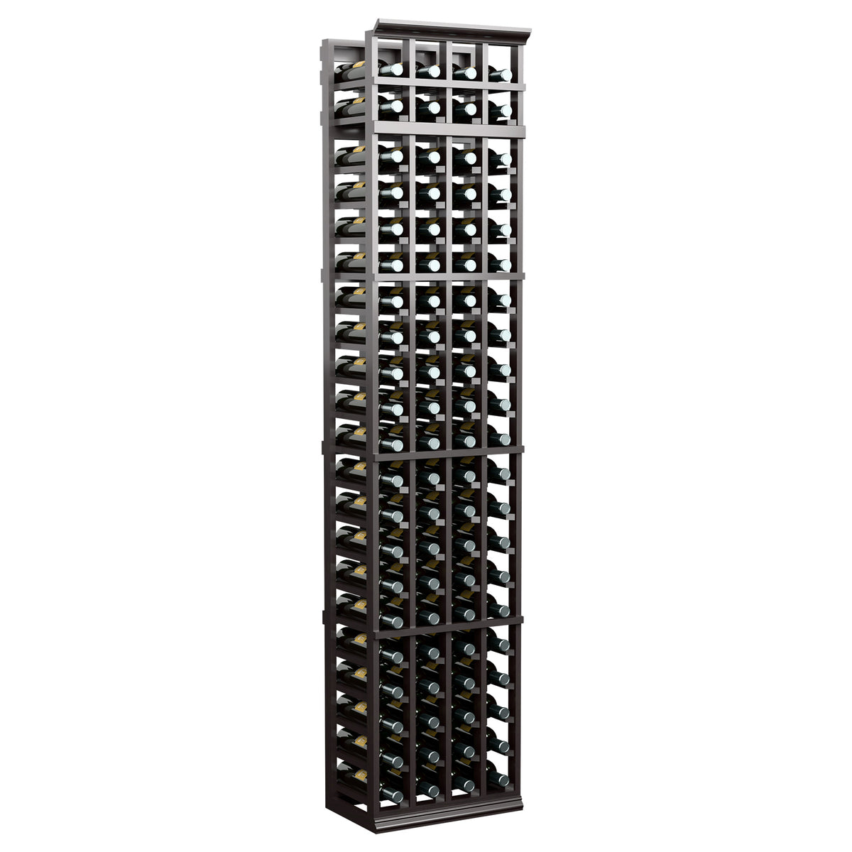 Tall 4-column wine rack with dark frame and multiple rows of bottle slots