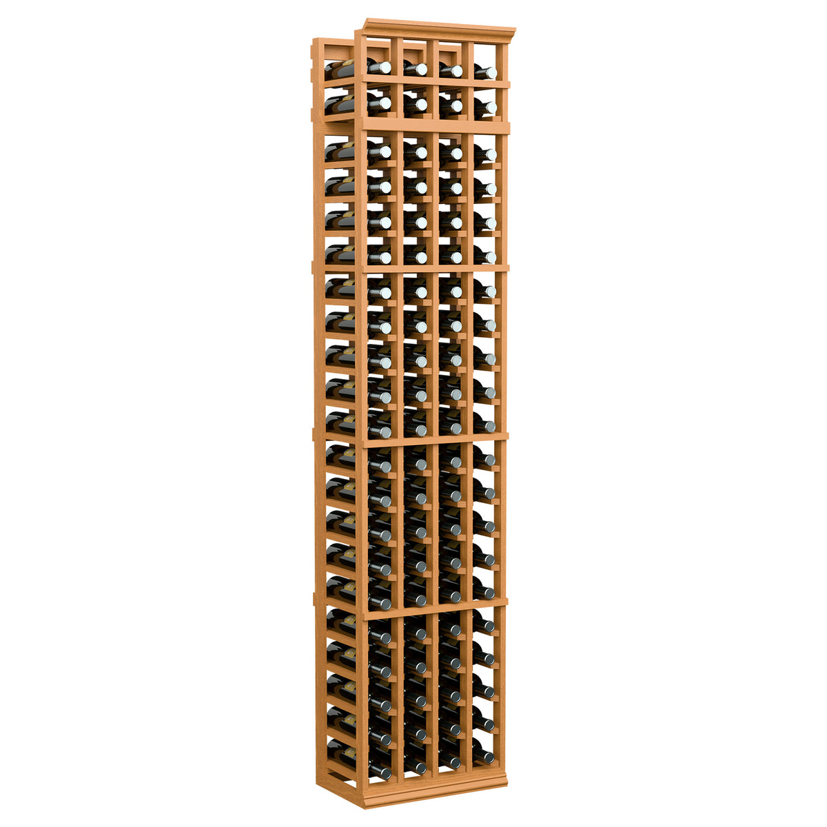 7-ft 4-column wine bottle rack with light wood frame and open bottle slots