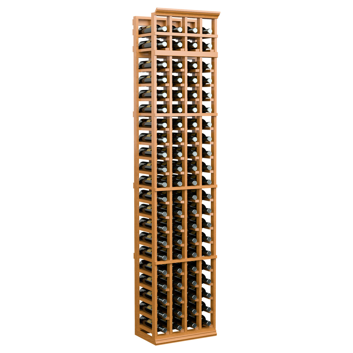 7-ft 4-column wine bottle rack with honey wood frame and open bottle bays