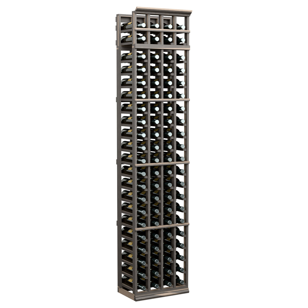 7 ft 4-column wine bottle rack with dark frame and open bottle slots