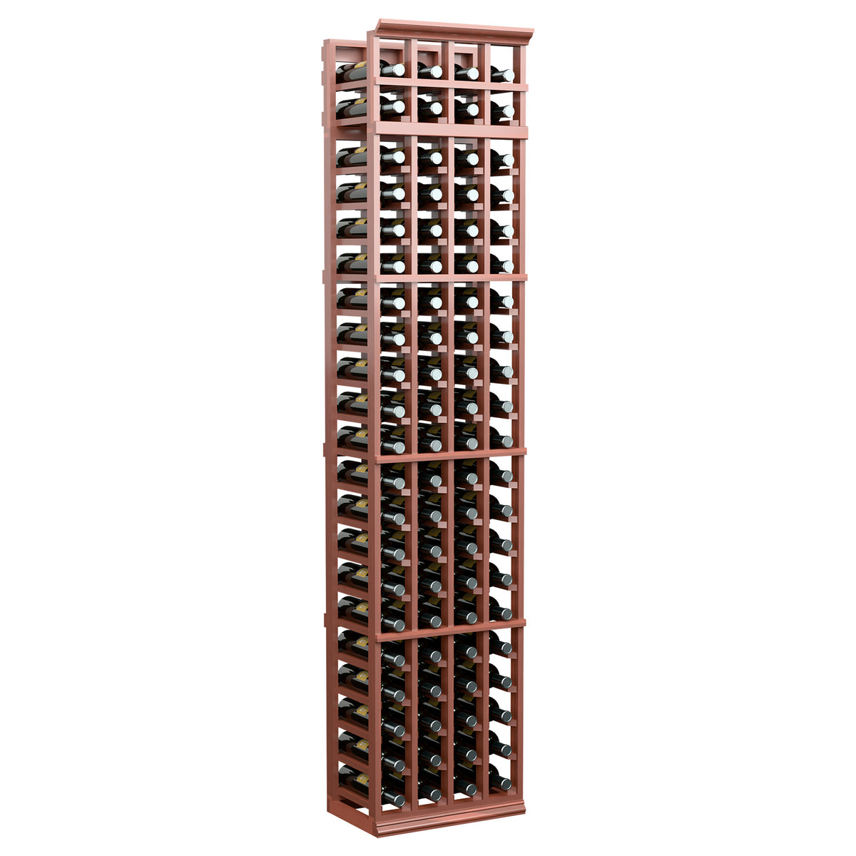 7 ft 4-column wine bottle rack, reddish-brown wood frame with stacked bottle holders