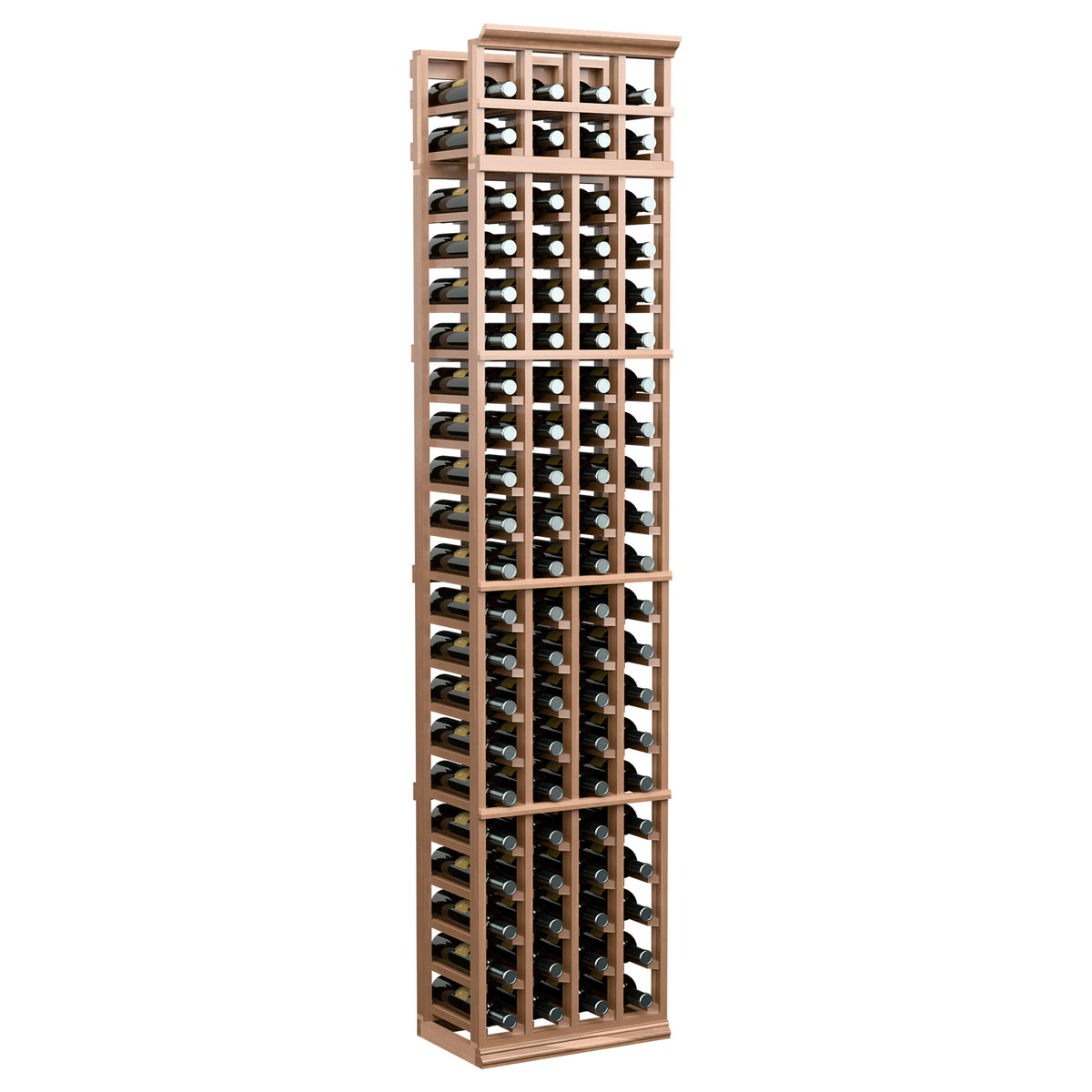 7 ft 4-column wine bottle rack, pale wood frame with open front bottle compartments