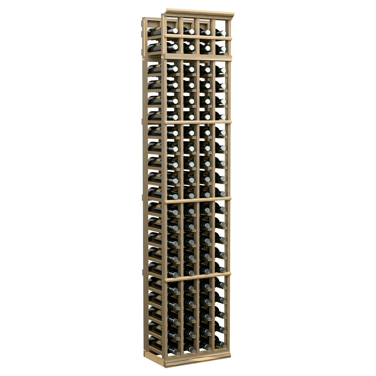 7 ft 4-column wine bottle rack with natural light wood frame and bottle holder columns