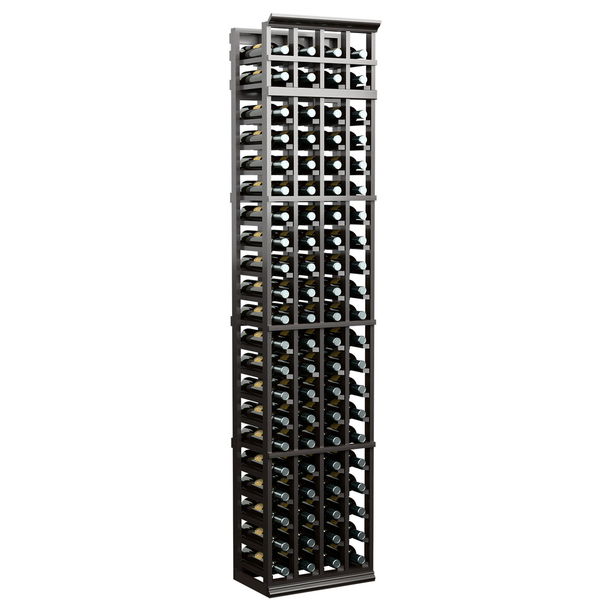 7 ft 4-column wine bottle rack, dark wood frame with open bottle holder compartments