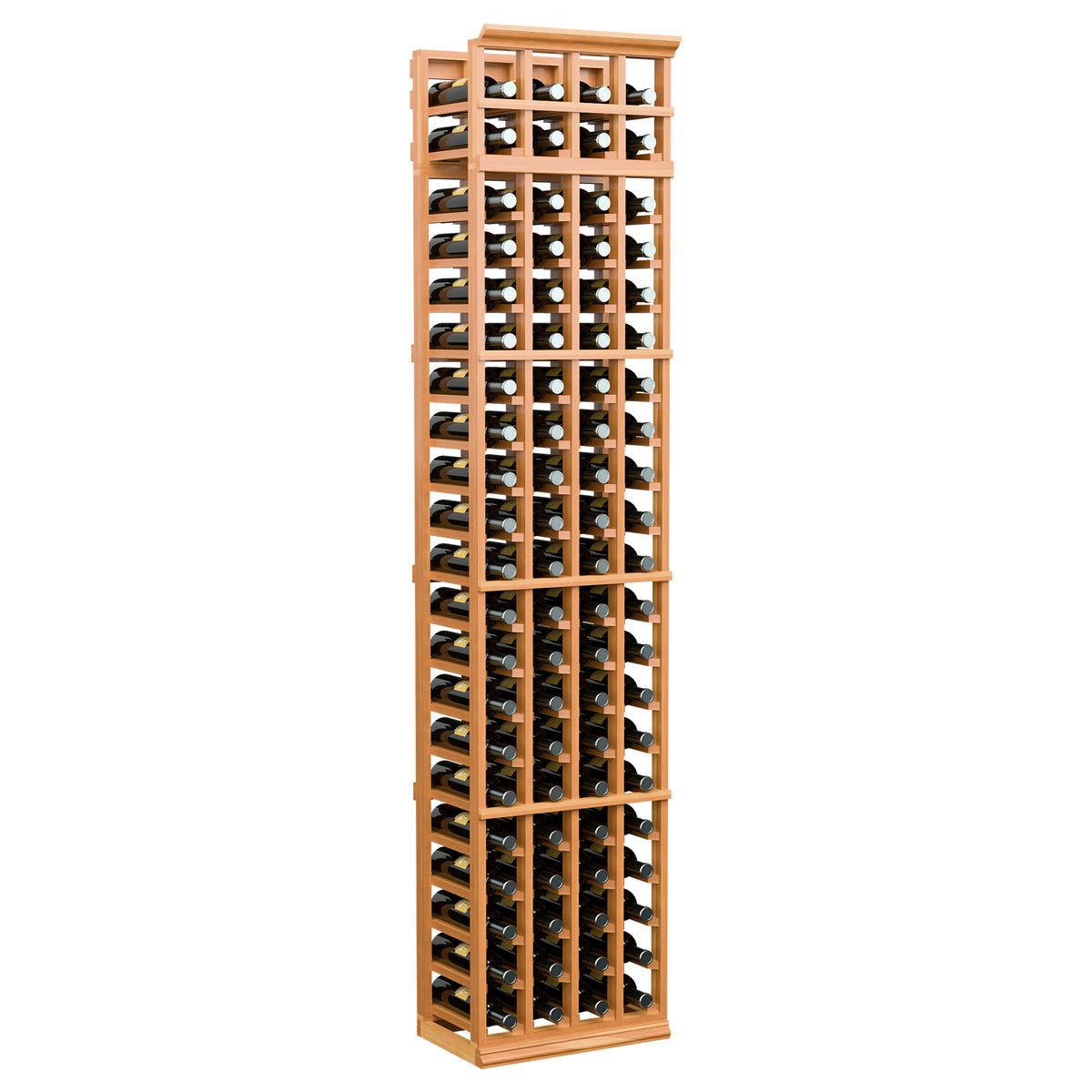 4-column 7-ft wine bottle rack with warm wood frame and crisscross bottle holders
