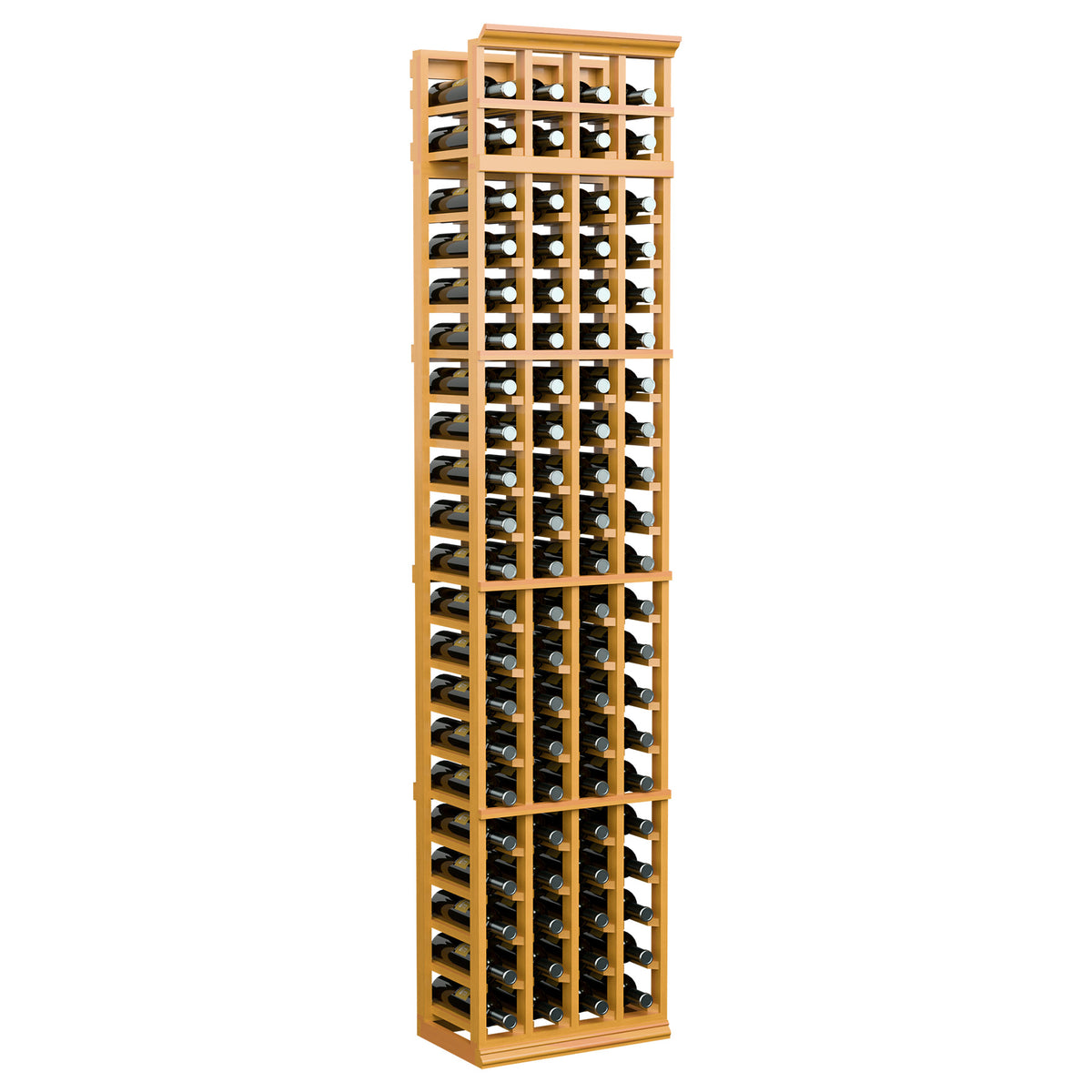 4-column 7-ft wine bottle rack with light wood frame and vertical rows for bottles