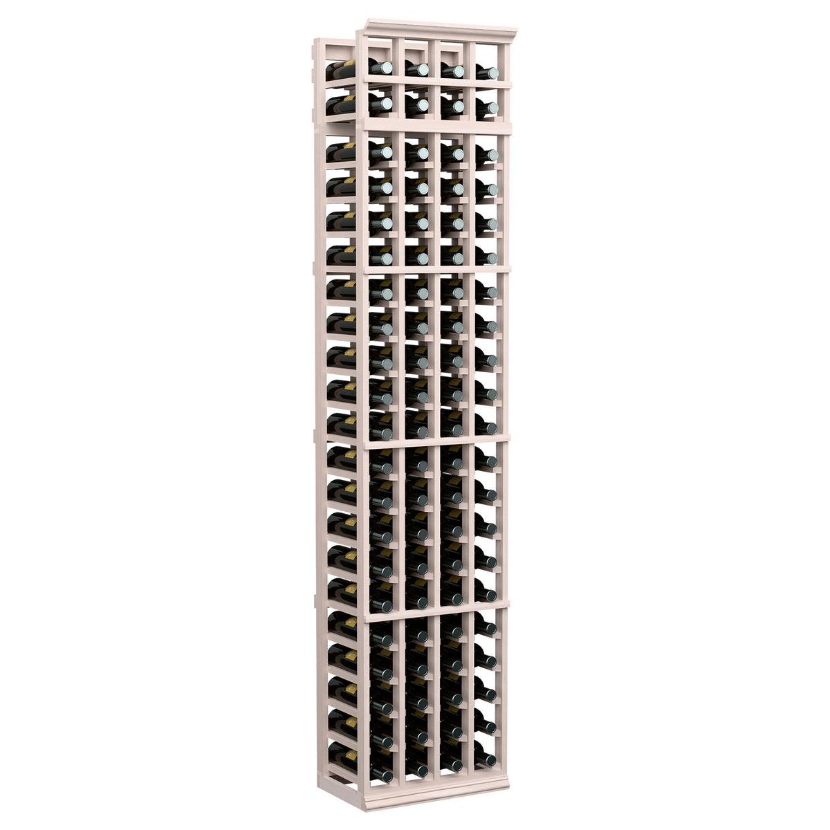 4-column 7-ft wine bottle rack with whitewashed light gray frame and bottle slots