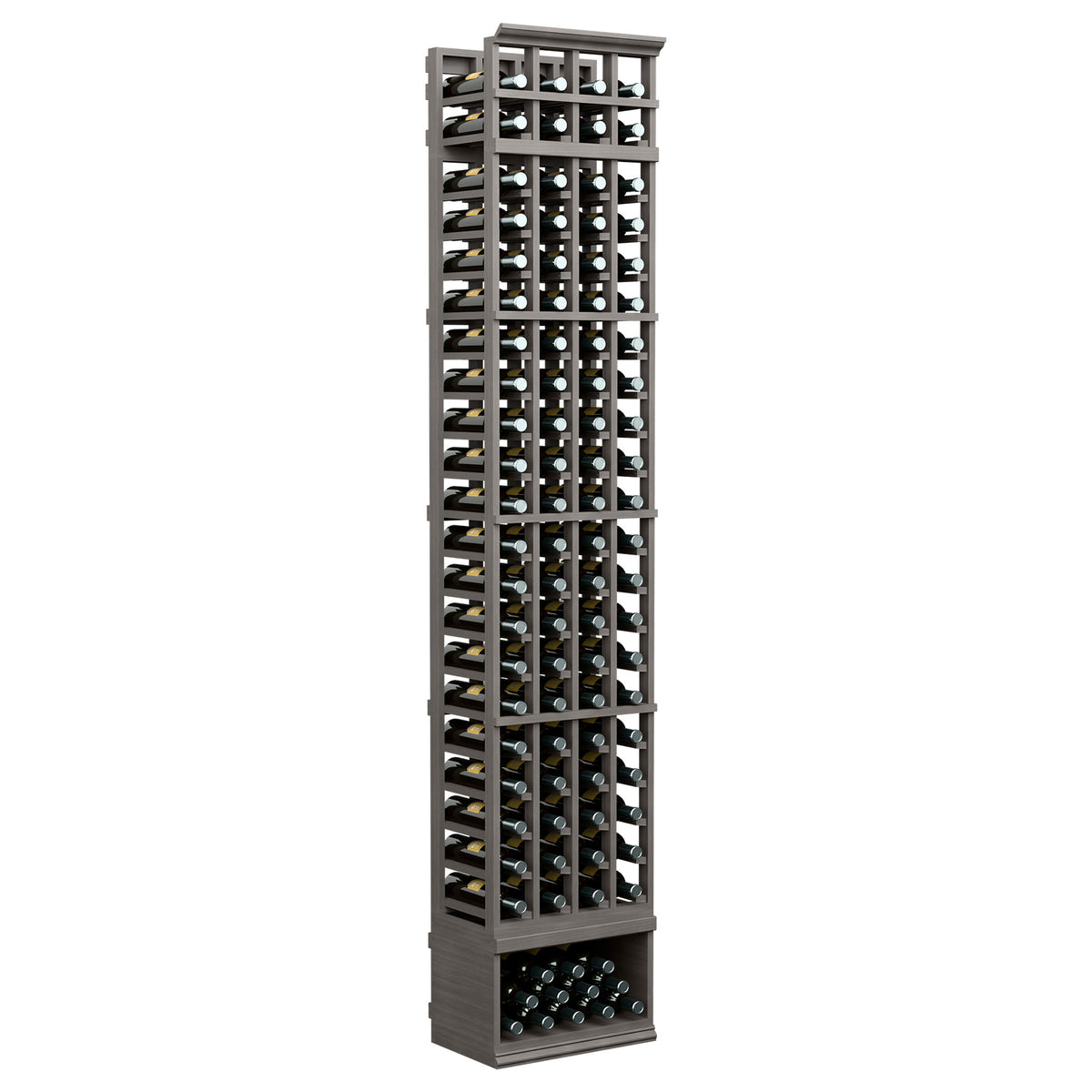 4-column standard wine rack, 8 ft, dark finish with bottle slots and lower tray