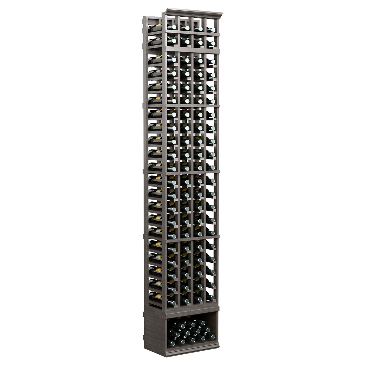 4-column standard wine rack, 8 ft, dark finish, front view with bottle holders