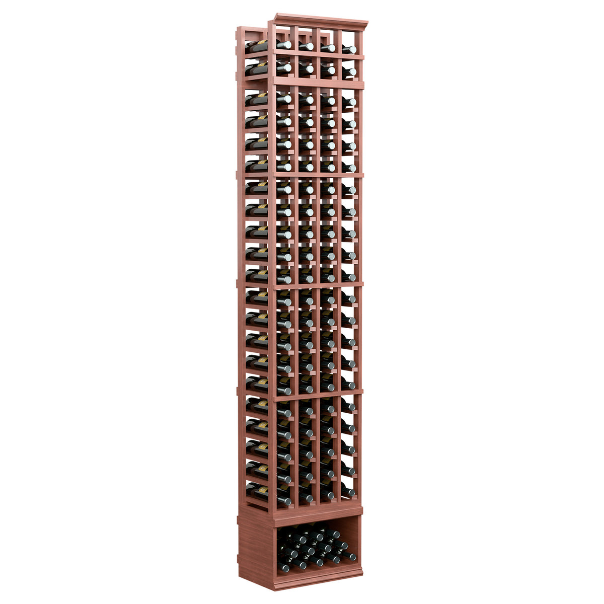 4-column standard wine rack, 8 ft, reddish-brown finish with bottle holders and tray