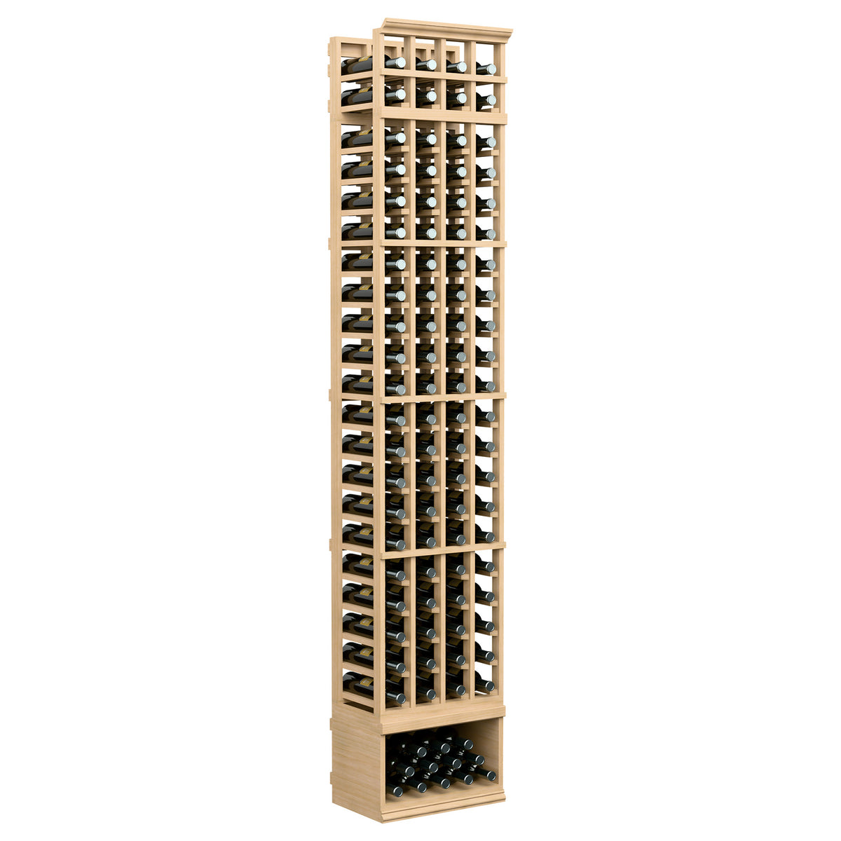 4-column standard wine rack, 8 ft, light wood finish with bottle slots and lower tray