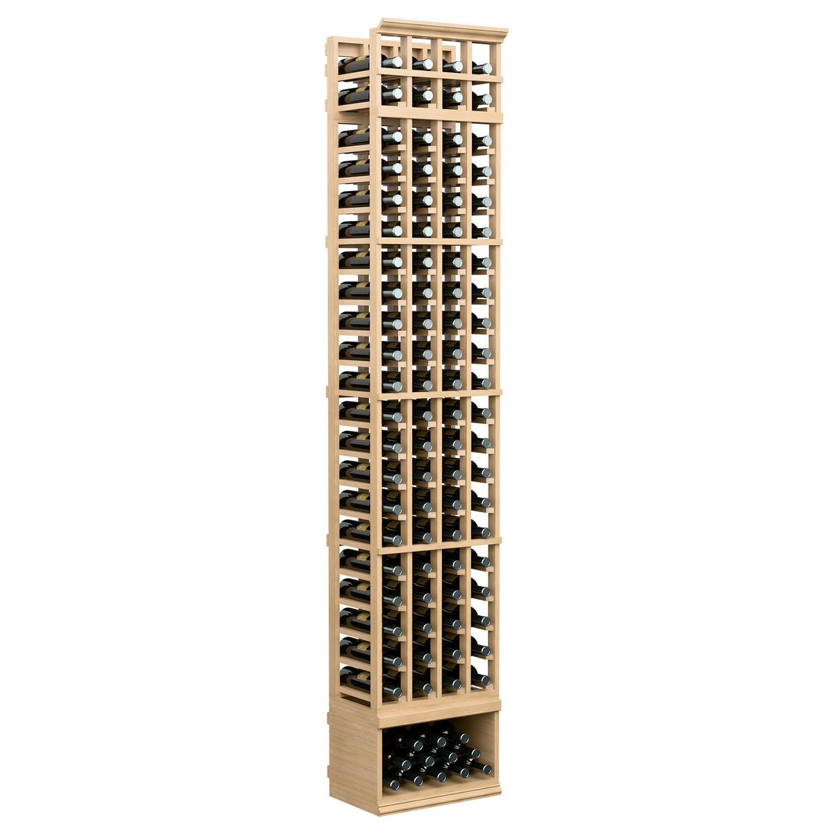 4-column standard wine rack, 8 ft, pale wood finish with bottle holders and base
