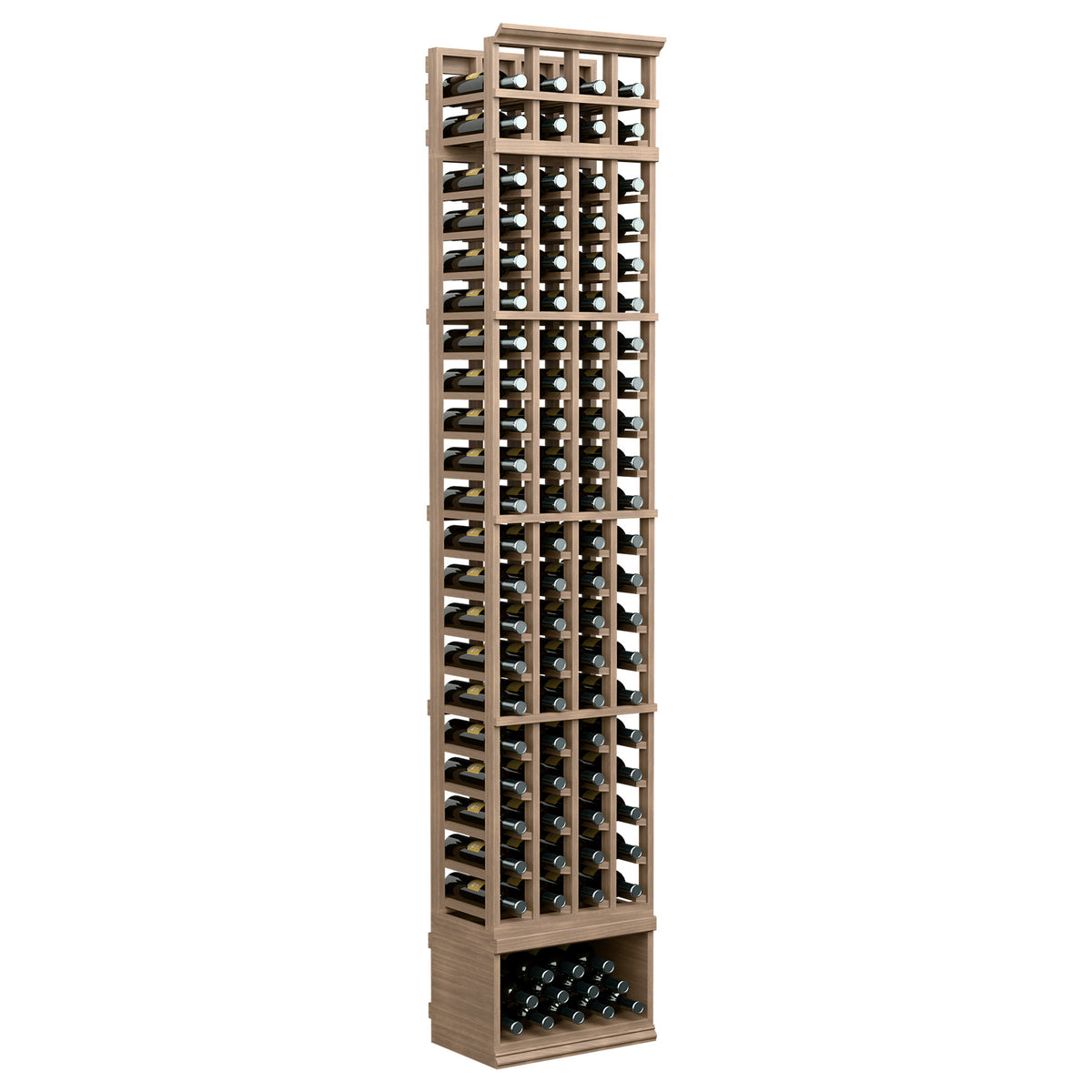 4-column standard wine rack, 8 ft, light wood finish with bottle slots and storage tray