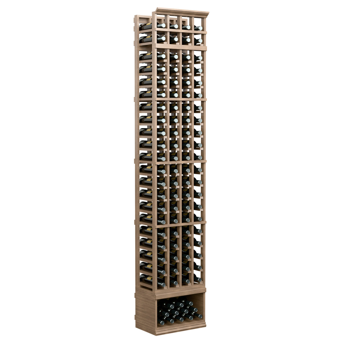 4-column standard wine rack, 8 ft, light wood finish, front view with bottle holders
