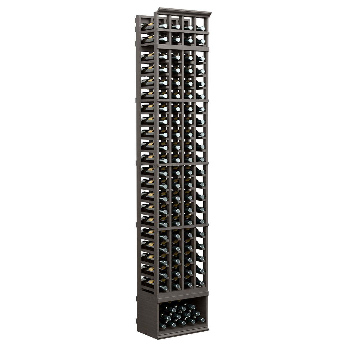 4-column standard wine rack, 8 ft, dark finish with bottle slots and lower storage