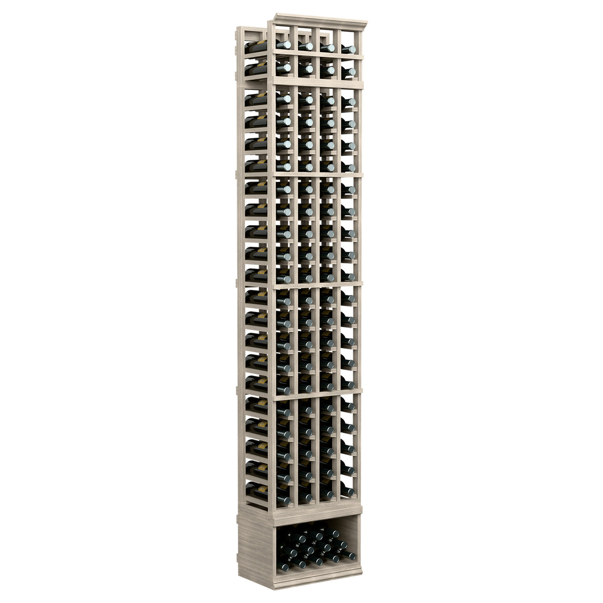 Wood wine bottle rack with 4 columns, front grid, and bottom tray; dark gray finish.