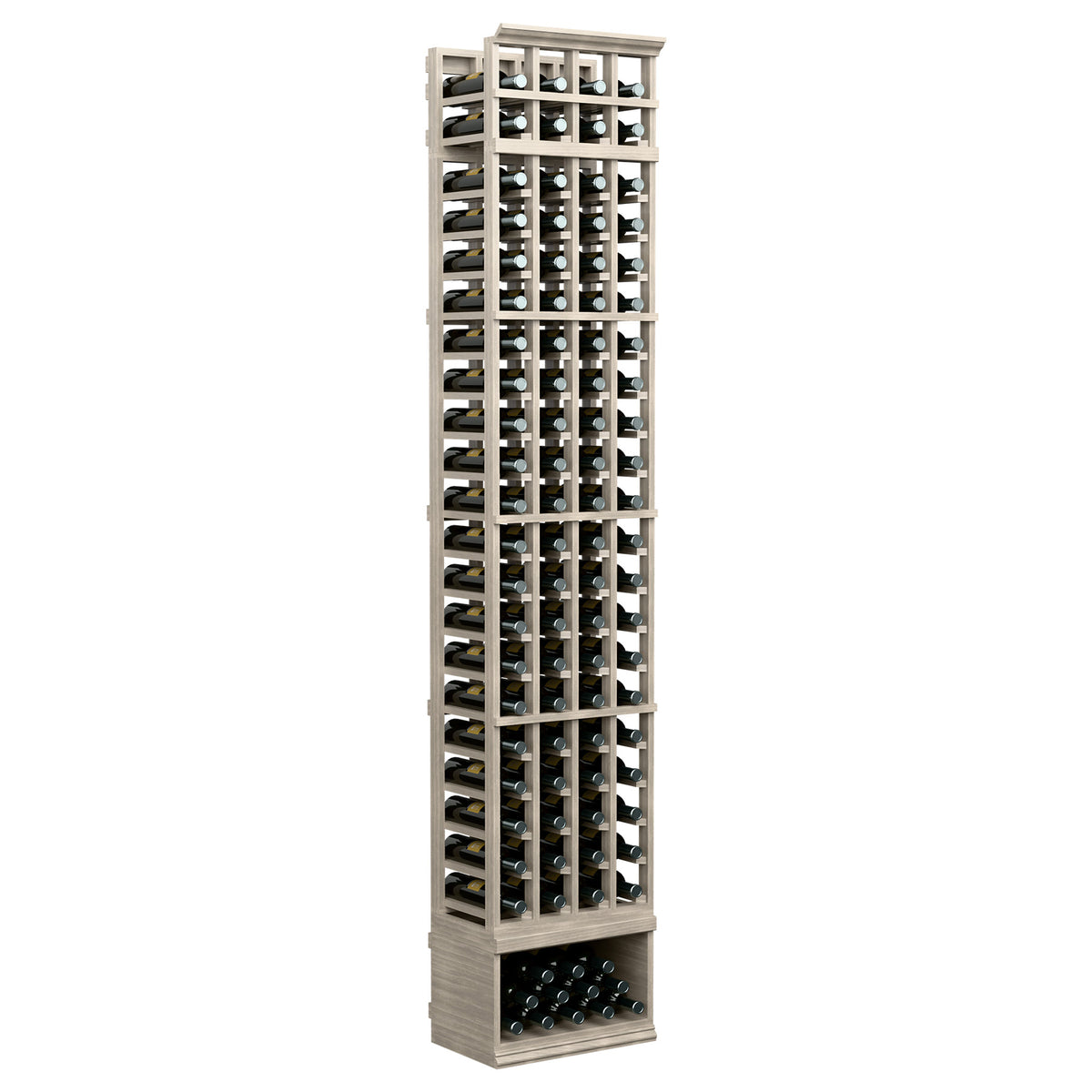 Wood wine bottle rack with 4 columns, front grid, and bottom tray; dark charcoal finish.
